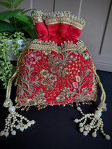 Red Color Raw Silk Floral Light Weight Potli Bag | Embroidery Work Potli Bags | Bags for Gifts | Wedding Bags