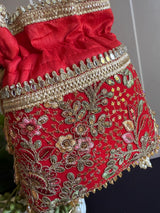 Red Color Raw Silk Floral Light Weight Potli Bag | Embroidery Work Potli Bags | Bags for Gifts | Wedding Bags