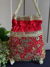 Red Color Raw Silk Floral Light Weight Potli Bag | Embroidery Work Potli Bags | Bags for Gifts | Wedding Bags