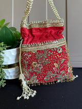 Red Color Raw Silk Floral Light Weight Potli Bag | Embroidery Work Potli Bags | Bags for Gifts | Wedding Bags