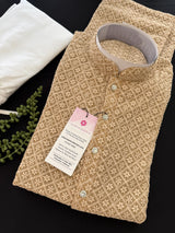 Beige Color Chikankari Lucknowi Georgette Men Kurta Pajama Set with Lining | Chikhenkari Kurtas | Mens Ethnic Wear | Kaash Kurtas