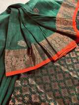 Bottle Green Color Handloom Bengal Linen Silk Saree with Red Borders and Cooper Zari Weaving | Linen Saree | Handwoven Sarees