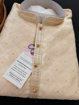 Light Gold Men Kurta Pajama with Embossed Embroidery and Zari | Sherwani Style Kurta | Wedding Kurtas | Kurta Store