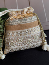 Beige Color Wedding Potli Bag | Handmade Embellished Pearl and Artifical Mirrors | Desi Indian Pakistani Wedding Purse | Evening Party Purse