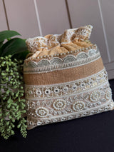 Beige Color Wedding Potli Bag | Handmade Embellished Pearl and Artifical Mirrors | Desi Indian Pakistani Wedding Purse | Evening Party Purse