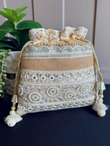 Beige Color Wedding Potli Bag | Handmade Embellished Pearl and Artifical Mirrors | Desi Indian Pakistani Wedding Purse | Evening Party Purse