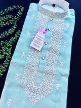 Pastel Sea Blue Color 100 Percent Premium Cotton Kurta with Pajama | Emberiodery Kurta with Cotton Lining | Cotton Mens Kurta Set