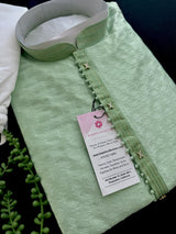 Pastel Sea Green Raw Silk Kurta Pajama Set for Men | Self Design Embroidery Buttis | Wedding Kurta | Groomsmen Kurta | Kurta Store