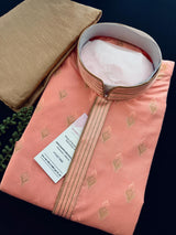 Designer Sea Green Soft Raw Silk Men Kurta Pajama | Peach Color Kurta for Men