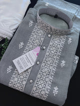 Grey Color 100 Percent Premium Cotton Kurta with Pajama | Emberiodery Kurta with Cotton Lining | Cotton Mens Kurta Set