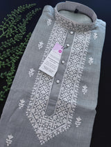 Grey Color 100 Percent Premium Cotton Kurta with Pajama | Emberiodery Kurta with Cotton Lining | Cotton Mens Kurta Set