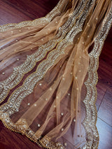 Beige Color Net Dupatta with Zari, Sequin and Beads | Beige Color Dupatta | Net Dupatta | Sequin Dupattas | Indian Dupatta for Lehanga