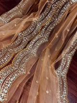 Beige Color Net Dupatta with Zari, Sequin and Beads | Beige Color Dupatta | Net Dupatta | Sequin Dupattas | Indian Dupatta for Lehanga