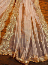 Pastel Peach Color Net Dupatta with Gold Zari, Sequin and Beads | Peach Color Wedding Dupatta | Sequin Dupattas | Indian Dupatta for Lehanga