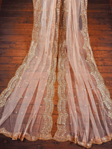 Pastel Peach Color Net Dupatta with Gold Zari, Sequin and Beads | Peach Color Wedding Dupatta | Sequin Dupattas | Indian Dupatta for Lehanga