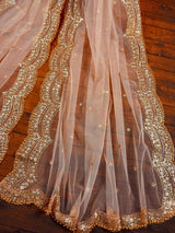 Pastel Peach Color Net Dupatta with Gold Zari, Sequin and Beads | Peach Color Wedding Dupatta | Sequin Dupattas | Indian Dupatta for Lehanga