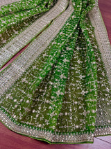 Statement Parrot Green Color Organza Silk Dupatta with Muted Gold Zari, Embroidery and Sequin | Wedding Dupatta | Dupatta for Lehangas