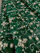 Statement Green Color Organza Silk Dupatta with Muted Gold Zari, Embroidery and Sequin – Close-up – Kaash Collection