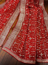 Statement Red Color Organza Silk Dupatta with Muted Gold Zari, Embroidery and Sequin | Wedding Dupatta | Dupatta for Lehangas