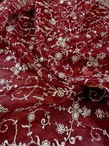 Statement Deep Maroon Color Organza Silk Dupatta with Muted Gold Zari, Embroidery and Sequin | Wedding Dupatta | Dupatta for Lehangas