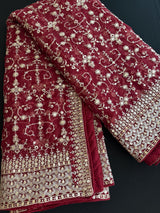 Statement Deep Maroon Color Organza Silk Dupatta with Muted Gold Zari, Embroidery and Sequin | Wedding Dupatta | Dupatta for Lehangas