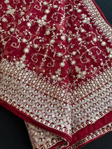 Statement Deep Maroon Color Organza Silk Dupatta with Muted Gold Zari, Embroidery and Sequin | Wedding Dupatta | Dupatta for Lehangas