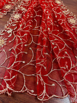 Red Color Soft Net Dupatta with Heavy Embroidery, Pearl and Zari | Dupatta for Lehangas | Dupatta for Gifts | Wedding Dupattas