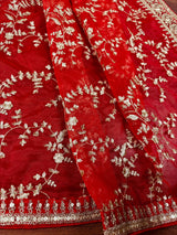 Red Color Organza Dupatta with Embroidery, Sequin and Zari | Muted Gold Zari Dupatta