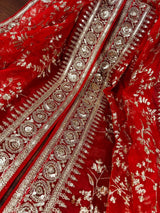 Red Color Organza Dupatta with Embroidery, Sequin and Zari | Muted Gold Zari Dupatta