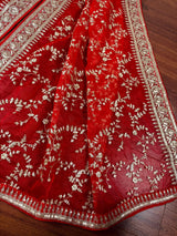 Red Color Organza Dupatta with Embroidery, Sequin and Zari | Muted Gold Zari Dupatta