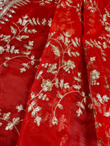 Red Color Organza Dupatta with Embroidery, Sequin and Zari | Muted Gold Zari Dupatta