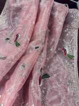 Pastel Baby Pink Color Tissue Net Dupatta with Sliver Zari | Parrot Motifs | Pink Color Dupatta | Dupatta for Gifts