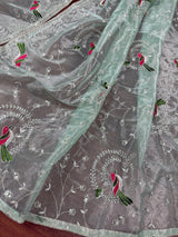Pastel Ice Green Color Tissue Net Dupatta with Sliver Zari | Parrot Motifs | Blue Color Dupatta | Dupatta for Gifts