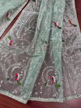 Pastel Ice Green Color Tissue Net Dupatta with Sliver Zari | Parrot Motifs | Blue Color Dupatta | Dupatta for Gifts