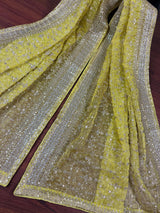 Statement Pastel Mehandi Green Color Organza Dupatta with Muted Gold Zari, Embroidery and Sequin | Wedding Dupatta | Dupatta for Lehanga