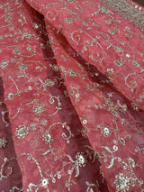 Statement Rose Pink Color Organza Silk Dupatta with Muted Gold Zari, Embroidery and Sequin | Wedding Dupatta | Dupatta for Lehangas