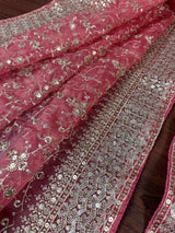 Statement Rose Pink Color Organza Silk Dupatta with Muted Gold Zari, Embroidery and Sequin | Wedding Dupatta | Dupatta for Lehangas