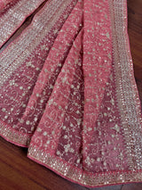 Statement Rose Pink Color Organza Silk Dupatta with Muted Gold Zari, Embroidery and Sequin | Wedding Dupatta | Dupatta for Lehangas