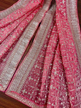 Statement Rose Pink Color Organza Silk Dupatta with Muted Gold Zari, Embroidery and Sequin | Wedding Dupatta | Dupatta for Lehangas