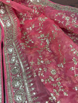 Rose Pink Color Organza Dupatta with Embroidery, Sequin and Zari | Muted Gold Zari Dupatta