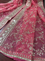 Rose Pink Color Organza Dupatta with Embroidery, Sequin and Zari | Muted Gold Zari Dupatta