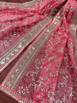 Rose Pink Color Organza Dupatta with Embroidery, Sequin and Zari | Muted Gold Zari Dupatta