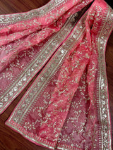 Rose Pink Color Organza Dupatta with Embroidery, Sequin and Zari | Muted Gold Zari Dupatta