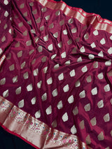 Statement Wine Color Banarasi Semi Katan Silk Saree with Meenakari and Gold Zari Weave