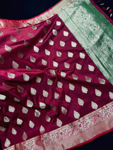 Statement Wine Color Banarasi Semi Katan Silk Saree with Meenakari and Gold Zari Weave
