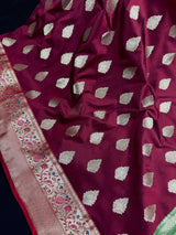 Statement Wine Color Banarasi Semi Katan Silk Saree with Meenakari and Gold Zari Weave