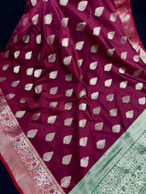 Statement Wine Color Banarasi Semi Katan Silk Saree with Meenakari and Gold Zari Weave