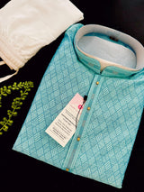 Sea Green Color Men Kurta | Kurta with tiny Sequins | Wedding and Party Kurta for Men | Sea Blue Color Kurta for Men