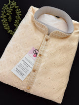 Light Gold Men Kurta Pajama with Embossed Embroidery and Zari | Sherwani Style Kurta | Wedding Kurtas | Kurta Store