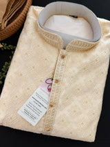 Light Gold Men Kurta Pajama with Embossed Embroidery and Zari | Sherwani Style Kurta | Wedding Kurtas | Kurta Store